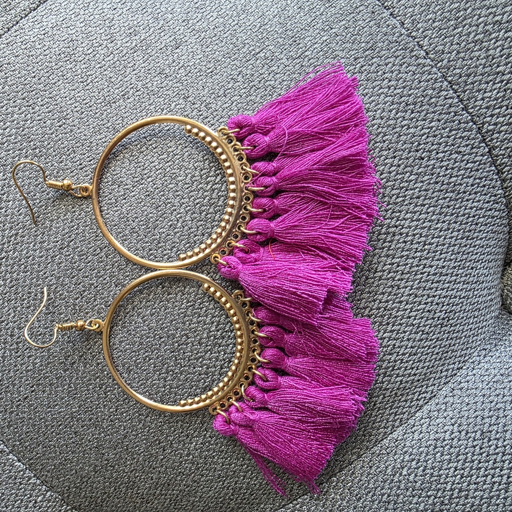 Gold and Purple Tassel Hoop Earrings